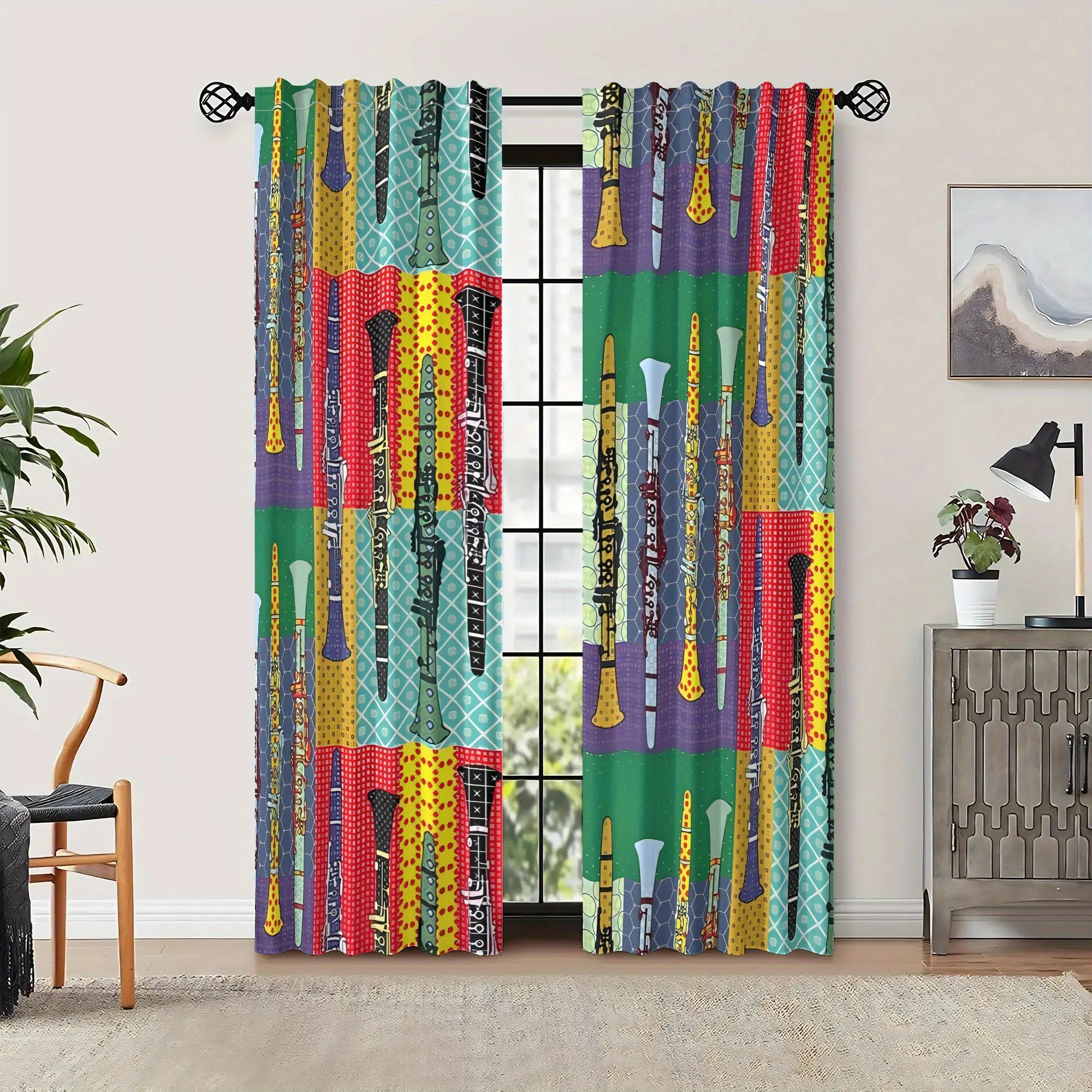 Retro music-themed pattern curtains, pole-mounted installation. Suitable for living rooms, bedrooms, dining rooms and hotels.