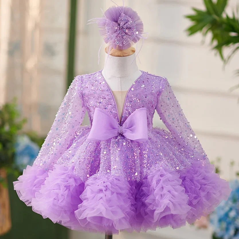 

New Purple Baby Girls Dress for Birthday Tiered Tutu Cupcake Ruffle Party Gown Kids Ceremony Vestido Clothing Flower Girl Dress