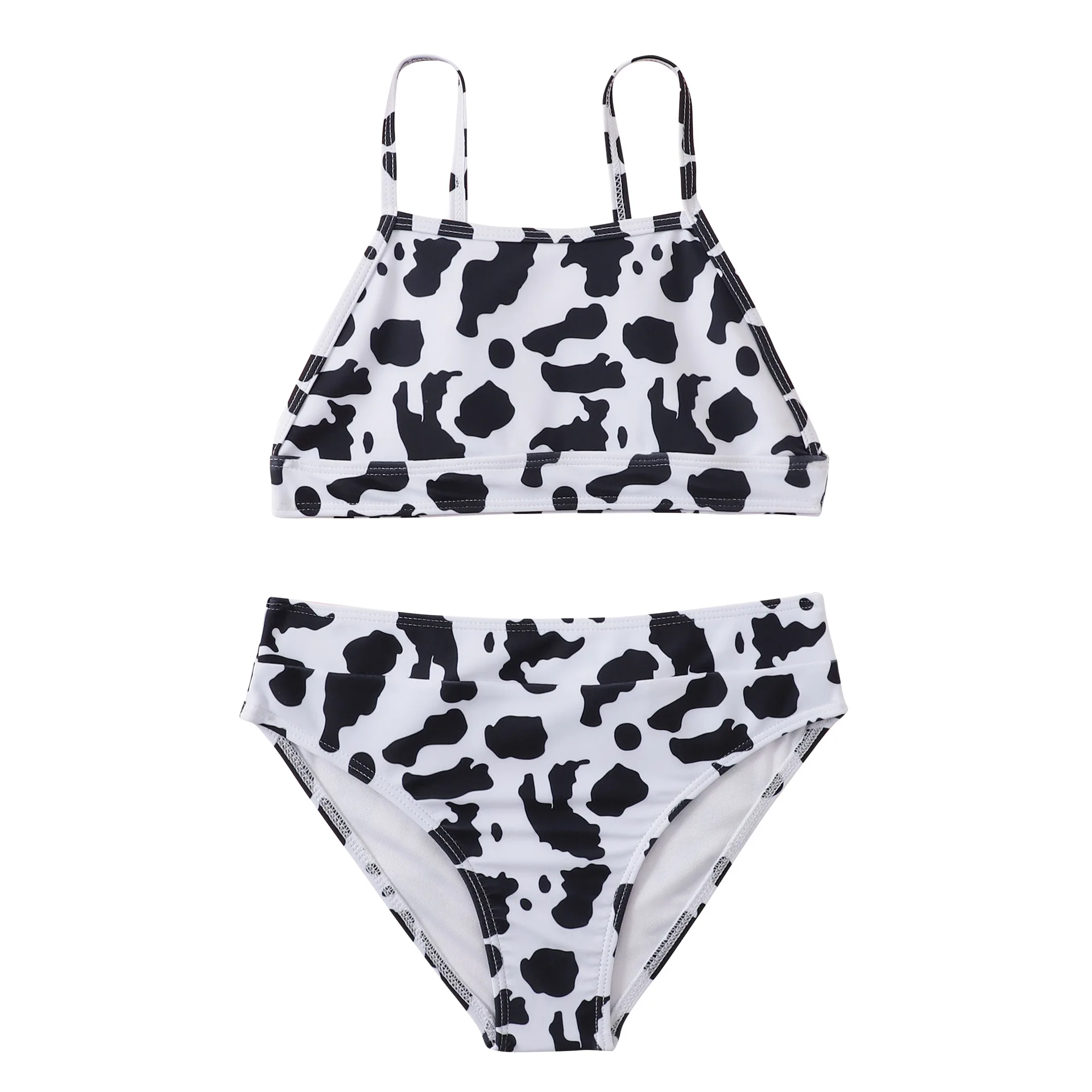 

2024 New Children's Swimsuit Split Printed Small Cow Flower High Elastic Bikini Middle and Large Children's Swimsuit