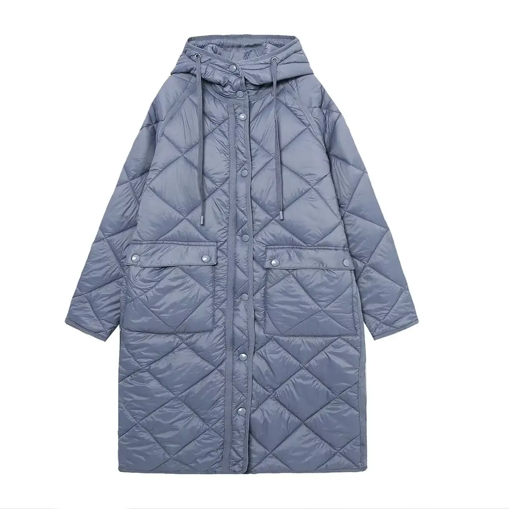 

DiYiG WOMAN 2025 Winter New Fashion Long Quilted Diamond Pattern Cotton Coat Chic Hooded Button Coat Outerwear Mujer