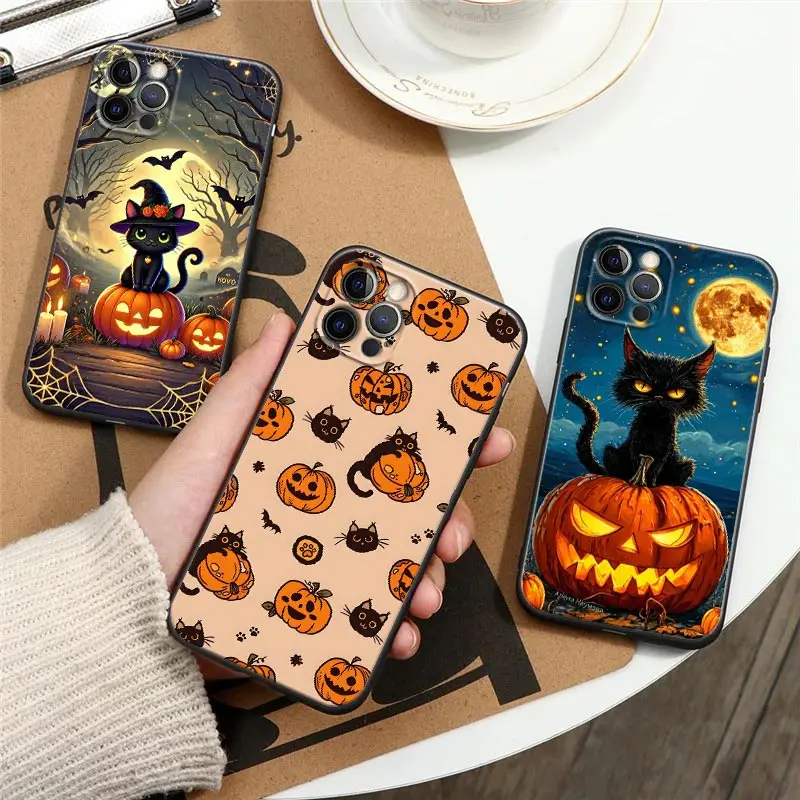 Coque de téléphone antichoc en silicone motif Citrouille d'Halloween et Chat Noir pour iPhone 17 16 15 11 12 14 13 Pro Max Mini XS X XR 7 Plus 17E