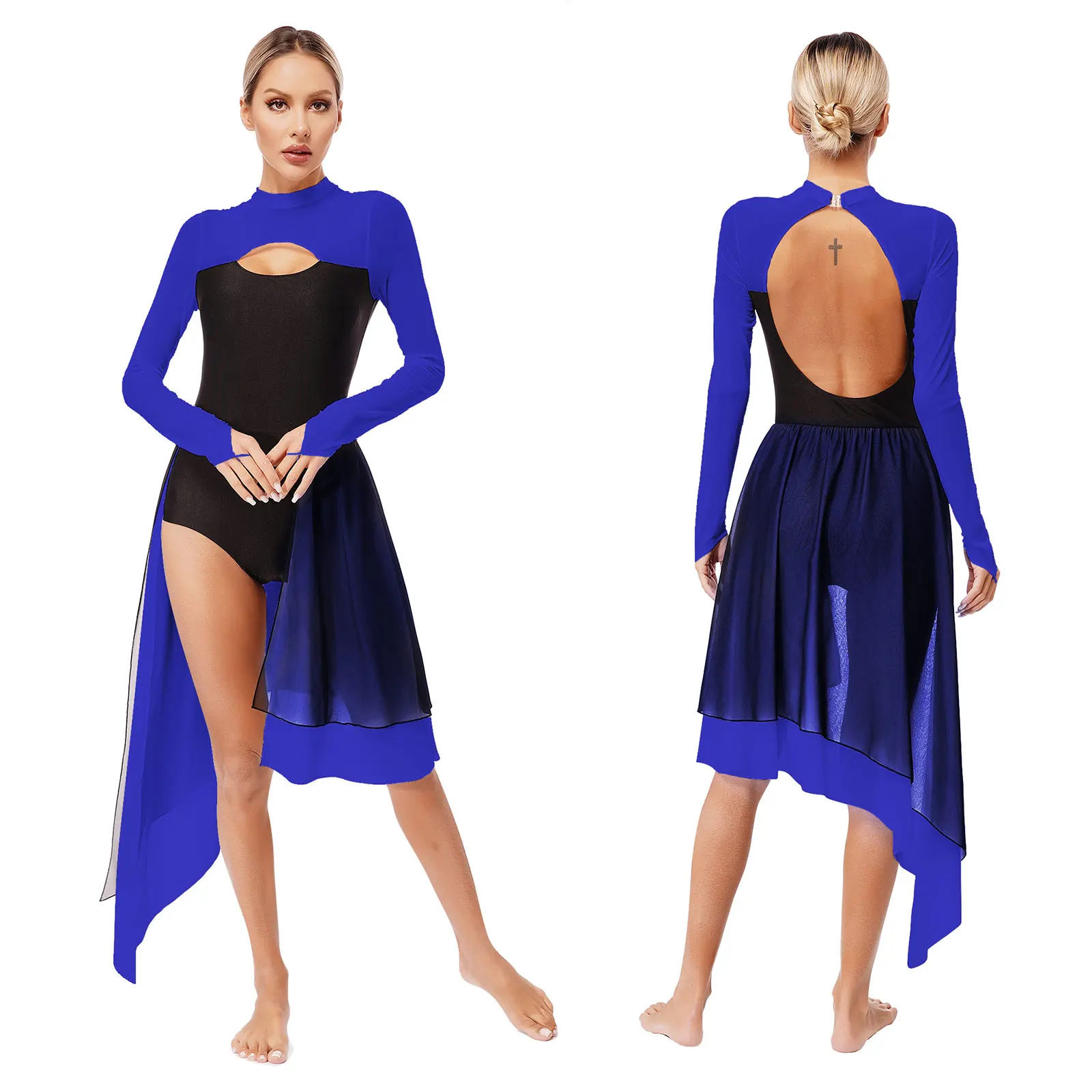 Women Modern Lyrical Dance Leotard Dress Long Sleeve Sheer Mesh Dancewear Figure Skating Ballet Gymnastics Performance Costume