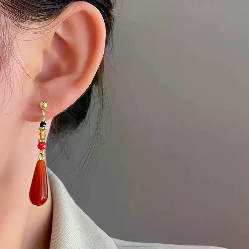 Hanfu Ethnic Earrings Fashion Red Water Drop Pendant Ear Clip Buckle Long Classical Retro Eardrop Jewelry Gift Chinese Style