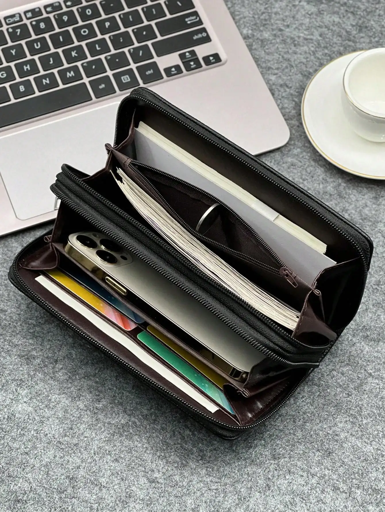 Fashion Simple Business Men\'s Clutch Bag Double Zipper Large Capacity Multi Card Slot Portable Wristlet Bag