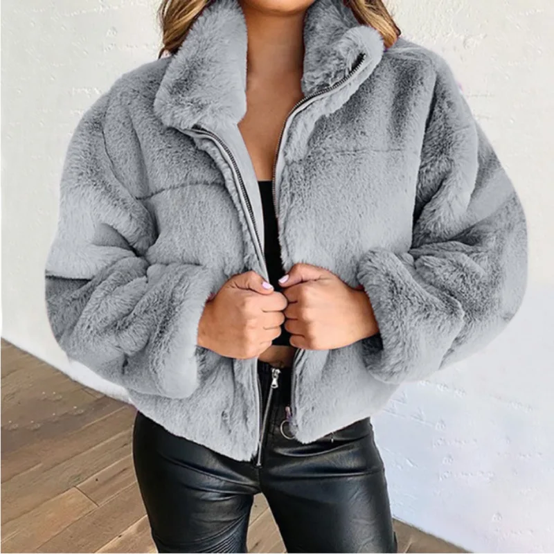 2024 autunno/inverno nuove donne capelli di coniglio pelliccia sintetica cerniera collo alto Cardigan cappotto di peluche