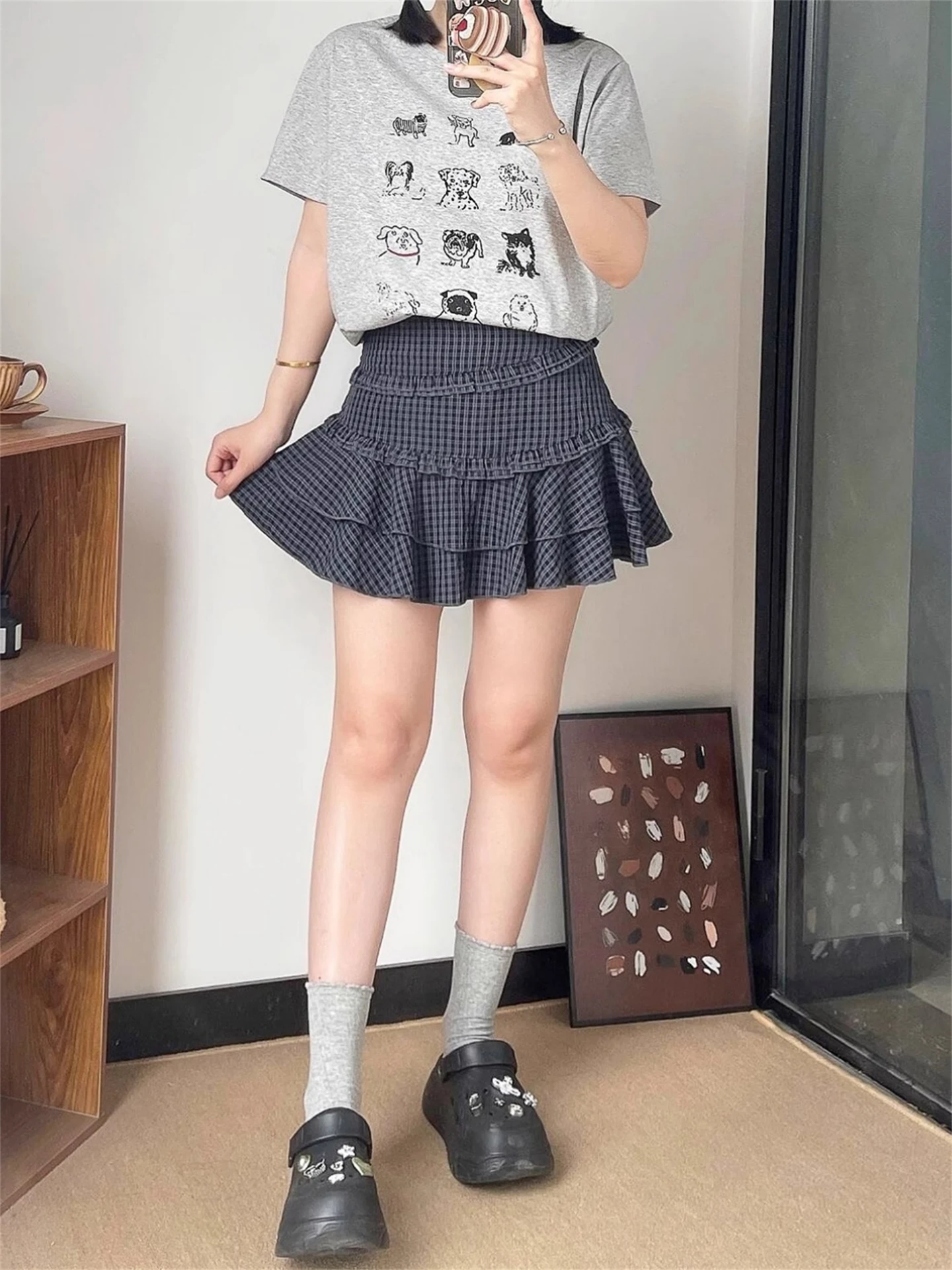 

Summer New Retro Plaid Cake ort Skirt Women plus Size Hide Belly Slim Pear ape A-Line f Skirt Korean Sle High Waist