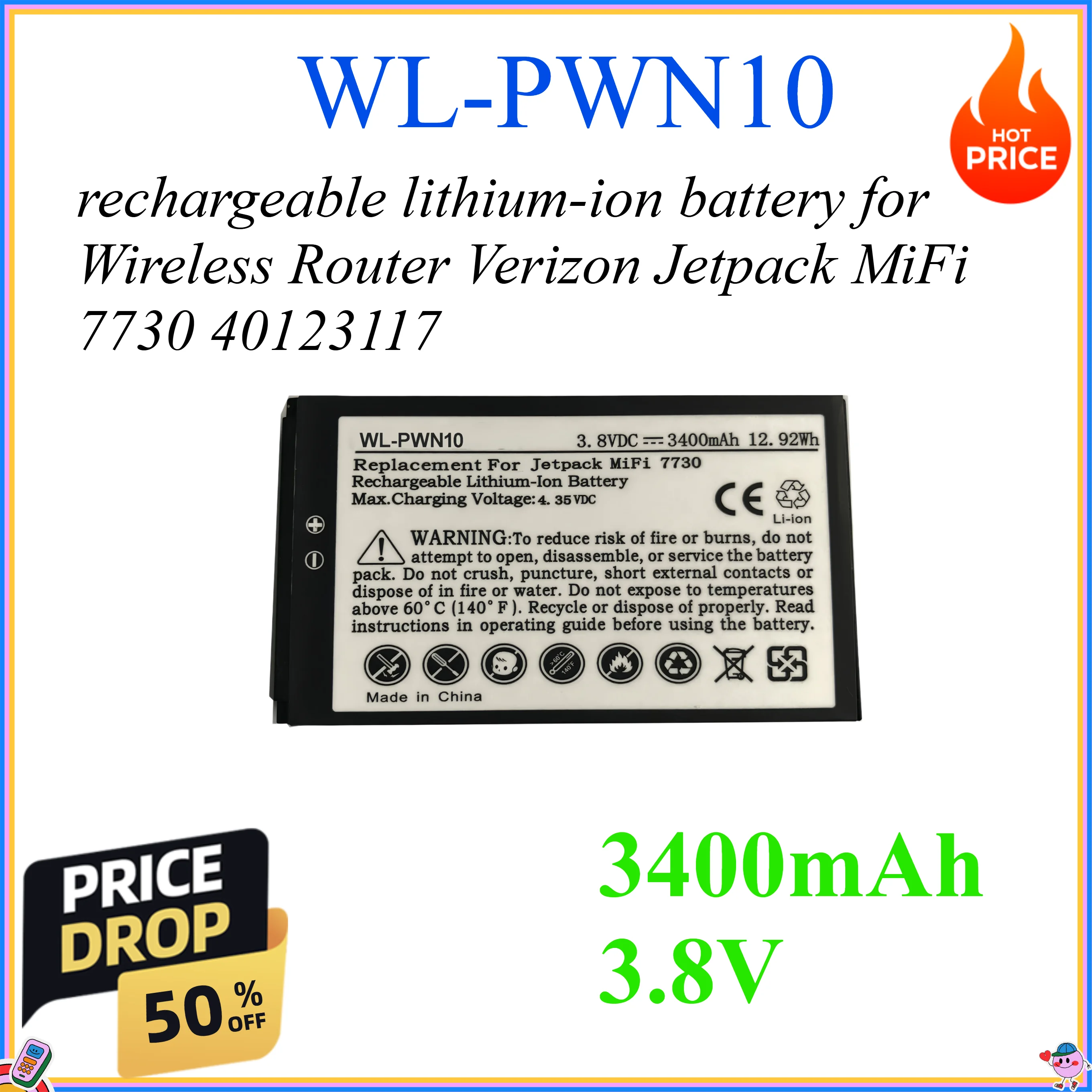 

3400mAh 3.8V rechargeable lithium-ion battery for Wireless Router Verizon Jetpack MiFi 7730 40123117