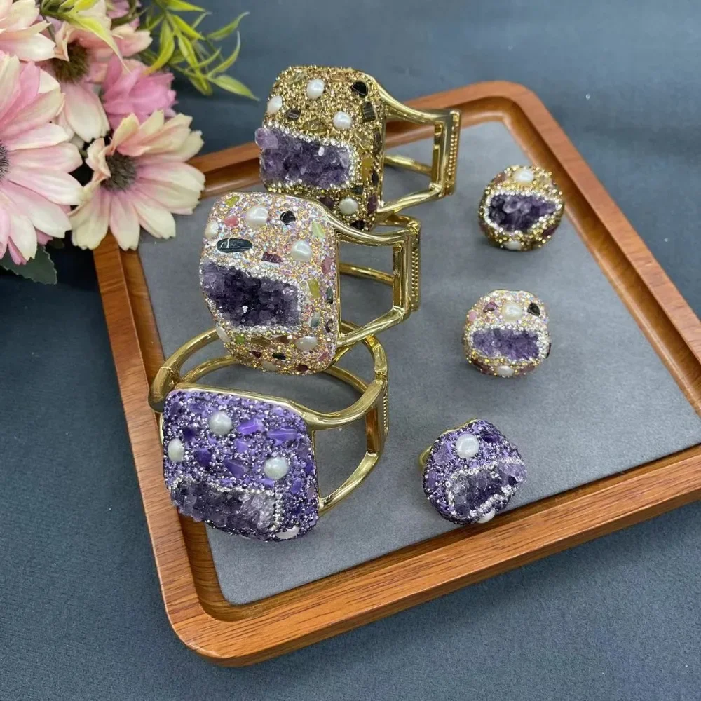 

New Natural Amethyst Women's Open Bracelet Ring Set with Personalized Luxury and Exaggerated Ladies' Exquisite Jewelry