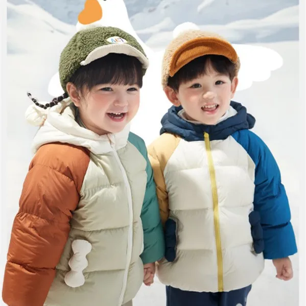 Gourd flower color blocked children's down jacket for boys, girls, and children, winter clothing for infants and babies, three p