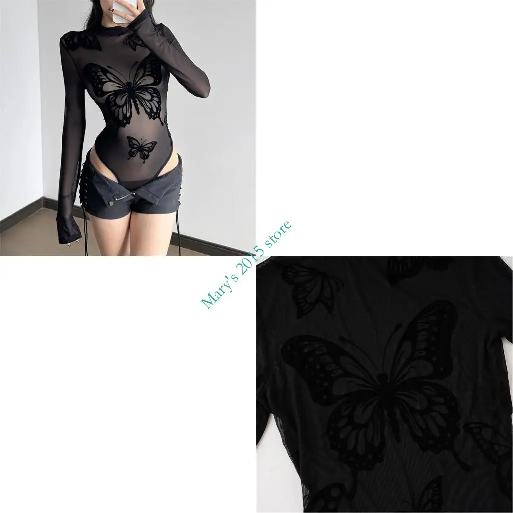 

E15F Mock Neck Bodysuit Butterfly Pattern Fit Long Sleeve Mesh Top Party Outfit