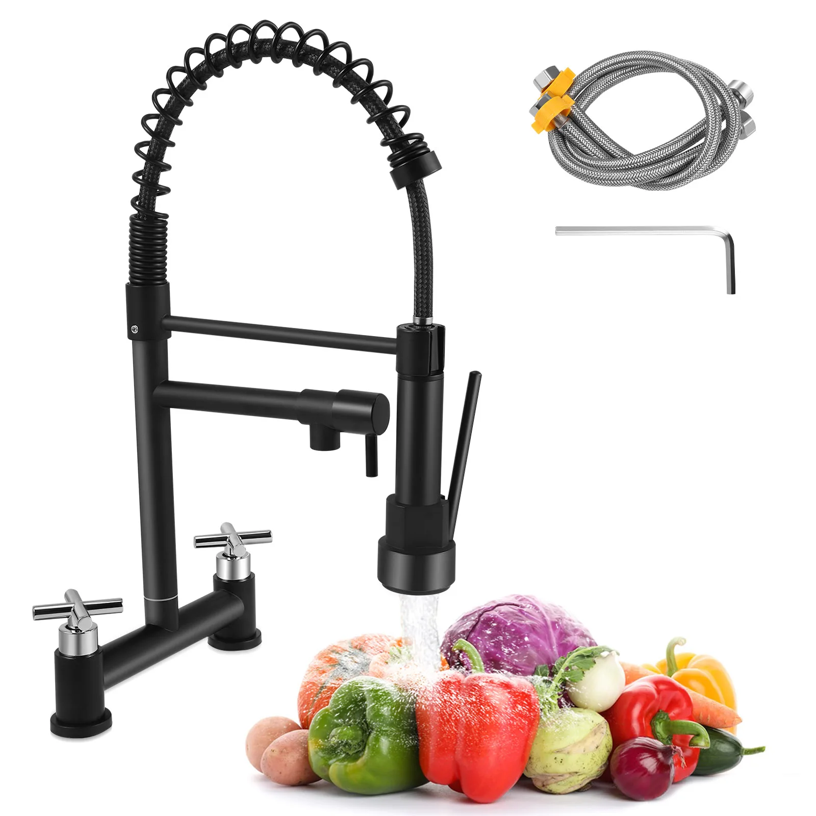 360 ° Rotating Dual Control Rust Proof Metal Dual Handle Dual Outlet Kitchen Faucet  Equipped High-quality Ceramic Valve Core
