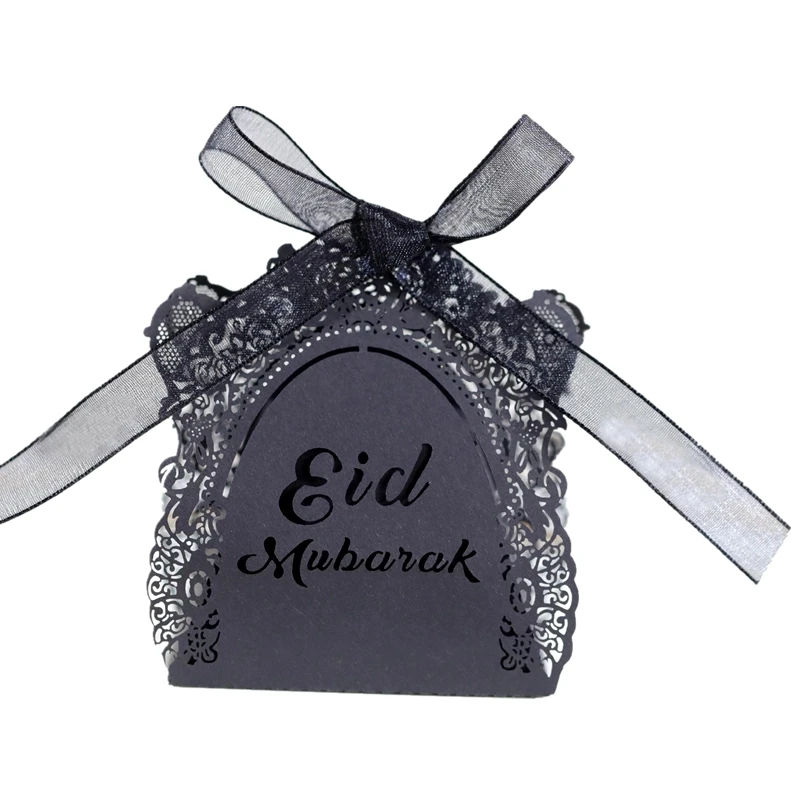 

25/50/100pcs Eid Mubarak Black Candy Box Ramadan Lace Rose Gifts Boxes for Guests Wedding Chocolate Cookie Packaging Wholesale