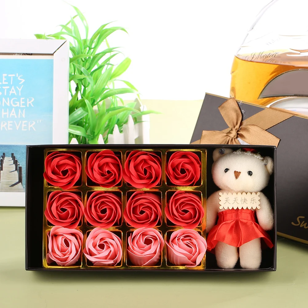 12 Rose Flower Soap Flower Plush Bear Valentine's Day Romantic Gift With Box