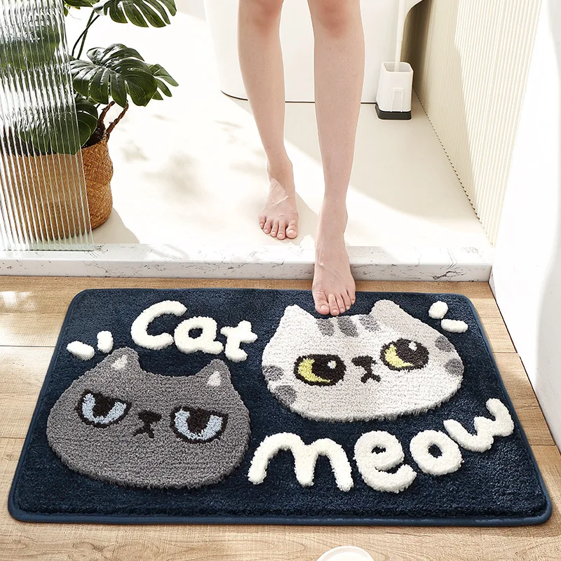 Inyahome Cute Cat Bathroom Mats 40x60cm 50x80cm Microfiber Floor Mat Carpet Non-Slip Shower Carpet for Bathroom Tub and Shower