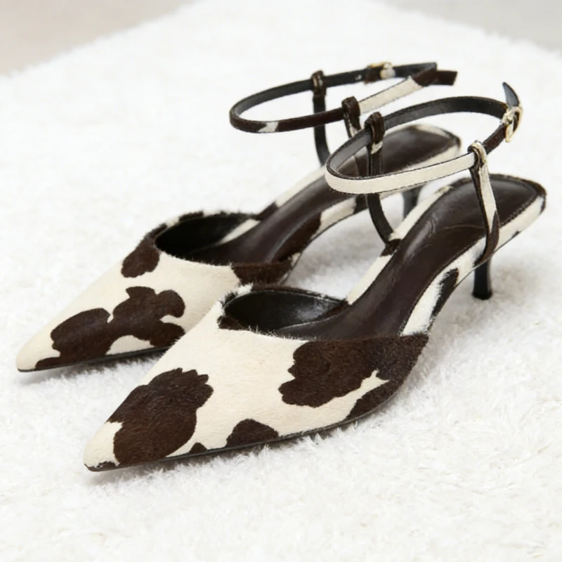 Unique Cow Pattern Pumps Women Sexy Pointed Toe Ankle Strap Buckle Kitten Heel Designer Shoes Cozy Elegant Banquet Dress Shoes