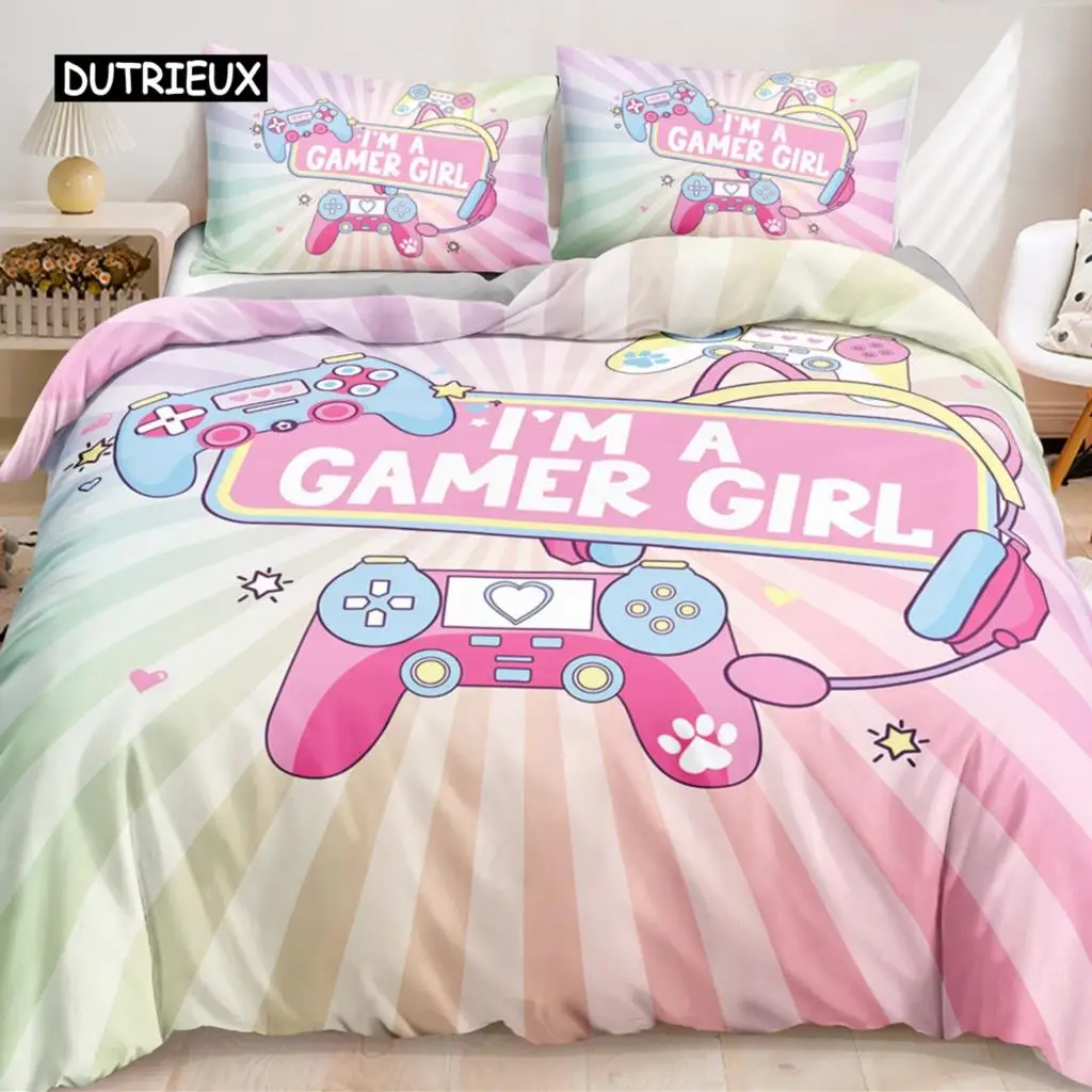 

Game Duvet Cover Set Pink Gamepad Controller King Size Bedding Set I'm A Gamer Girl Pattern Rainbow Stripes Lovely Quilt Cover