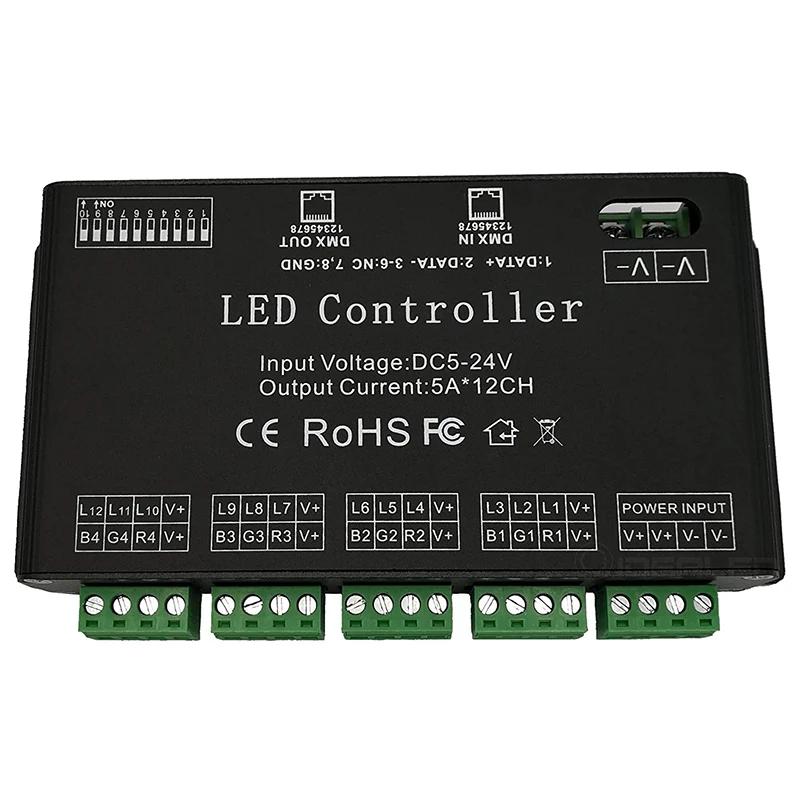 

A10I 12 Channel Decoder RGB LED Controller 60A PWM DMX512 Dimmer Driver for RGB LED Strip and LED Module Light DC12V-24V