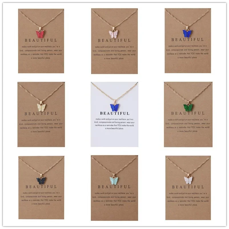 Korean Acrylic Cute Butterfly Pendant Necklace for Women Sweet Animal Statement Necklace Jewelry with Gift Card Butterfly Choker