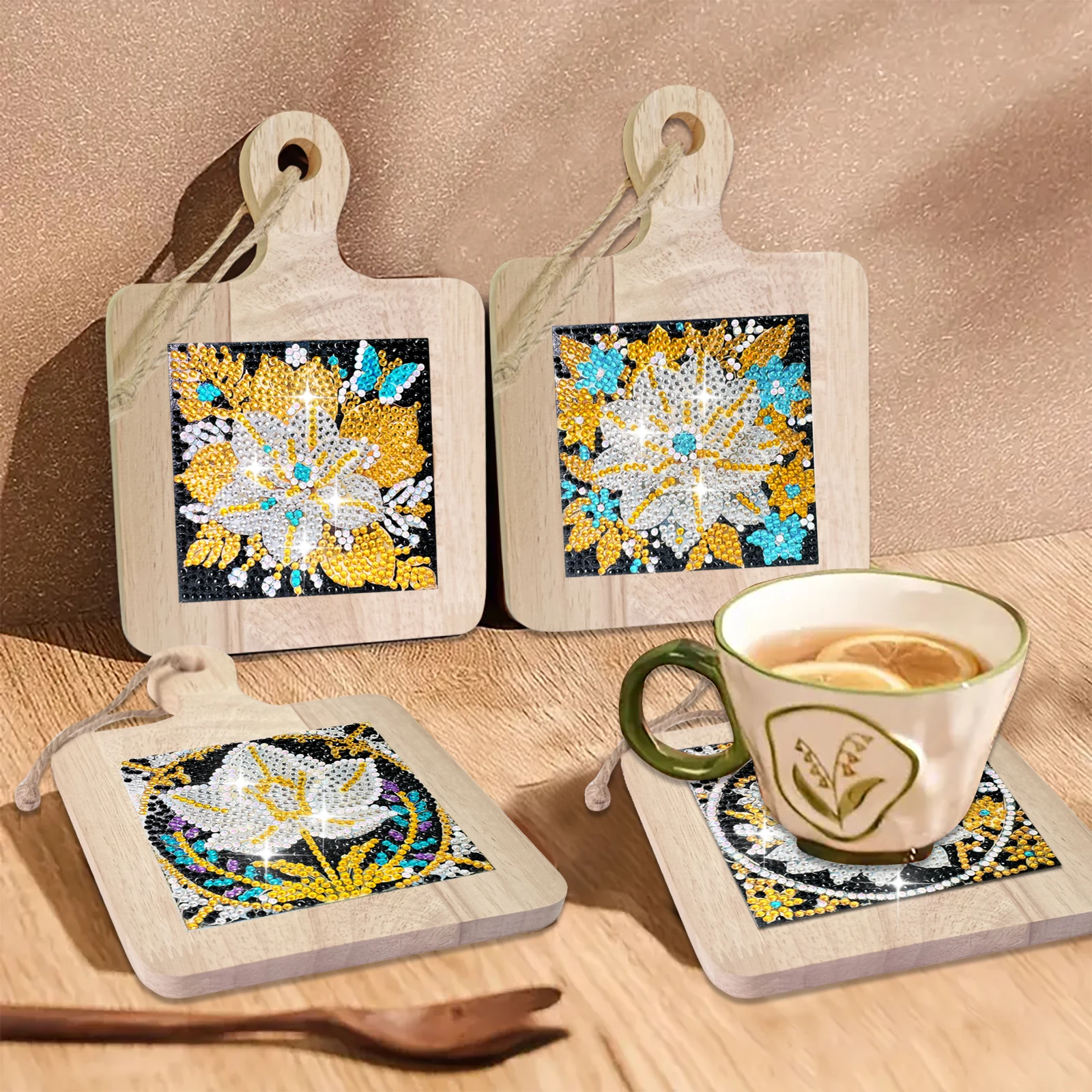 4 قطعة DIY الزهور الماس اللوحة صينية شاي خشبي حصيرة مع مقبض مكافحة السمط لوحة حصيرة الخشب منصات ساخنة لمنظم المنزل #3
