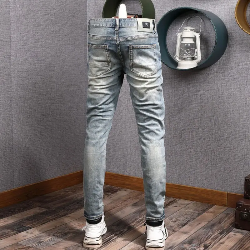 High Street Fashion Men Jeans Retro Washed Blue Stretch Slim Fit Hole Ripped Jeans Men Patched Designer Vintage Denim Pants
