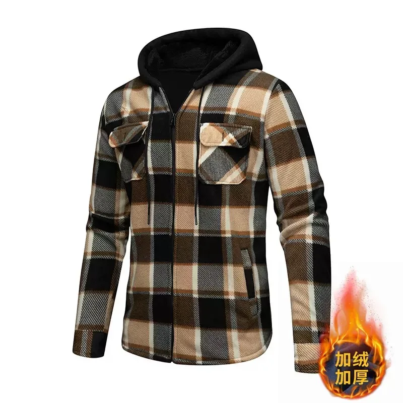 

Winter New Fashion Trend With Thick Fleece and Warm Plaid Shirt For Men's Casual Loose Retro Sports High-Quality Hooded Jacket