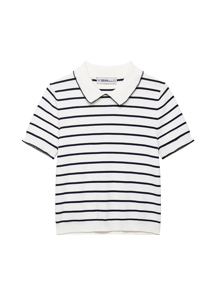 

SIYANG Women Fashion Striped Knitted Pullover Sweater Vintage Lapel Neck Short Sleeve Female Chic Lady Tops