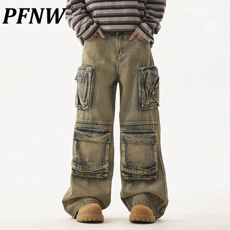 

PFNW American Style Multi Pocket Design Jeans Men's New Autumn Washed Worn Out Loose Wide Leg Pants Full Length Trousers 28W5194