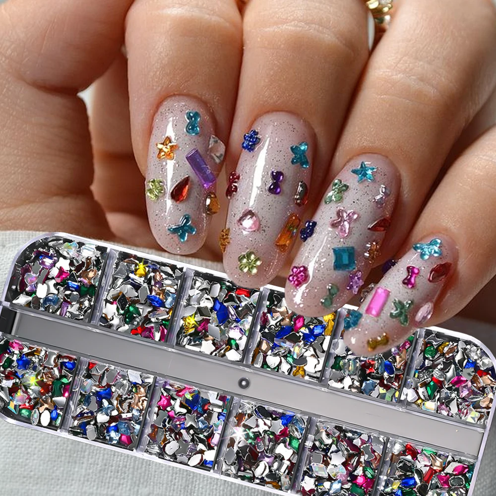 12칸 혼합 3D 미니 네일 라인스톤 아트 참스 오각형 하트 나비 다이아몬드 네일 젬스 쥬얼리 부품 DIY 매니큐어 장식