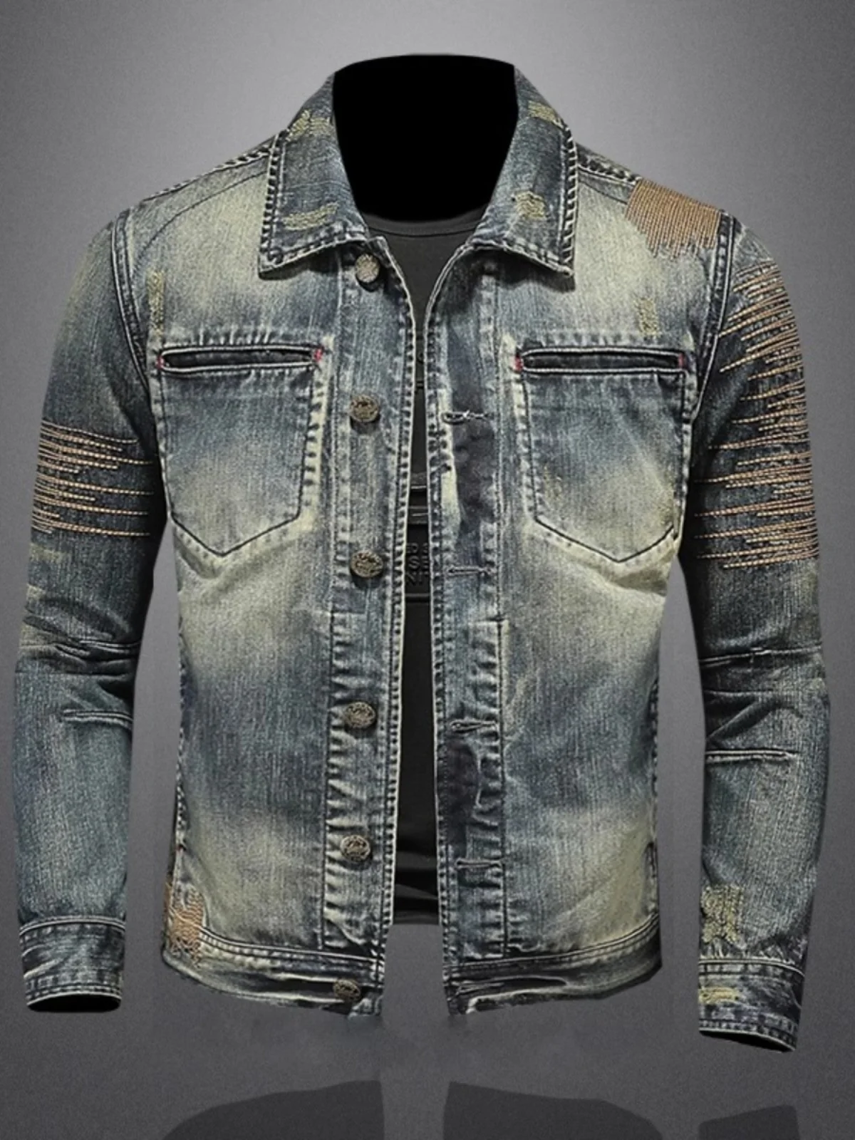 

Мужская джинсовая куртка Vm Slim Fit в американском ретро-стиле, рабочая мотоциклетная куртка с нашивками, модный бренд, весенняя, хлопок/полиэстер