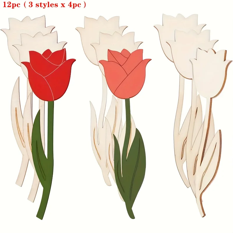 Unfinished Wooden Tulip Cutouts, Blank Wood Flower Shapes DIY Painting Craft Ornaments for Spring Home Wedding Party Decoration