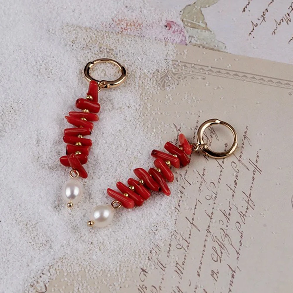 

Red Coral Stones Earring with Real Pearl Vintage Statement Women Fashion Accessories Bohemian fashion Coquette Drop Dangle