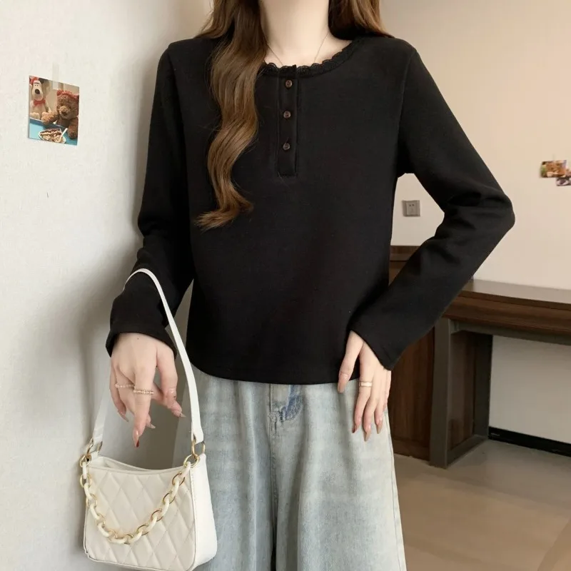 Western Style Warm German Velvet Lace Long-sleeved T-shirt Women Autumn Winter Korean Style Loose Slimming Bottoming Top