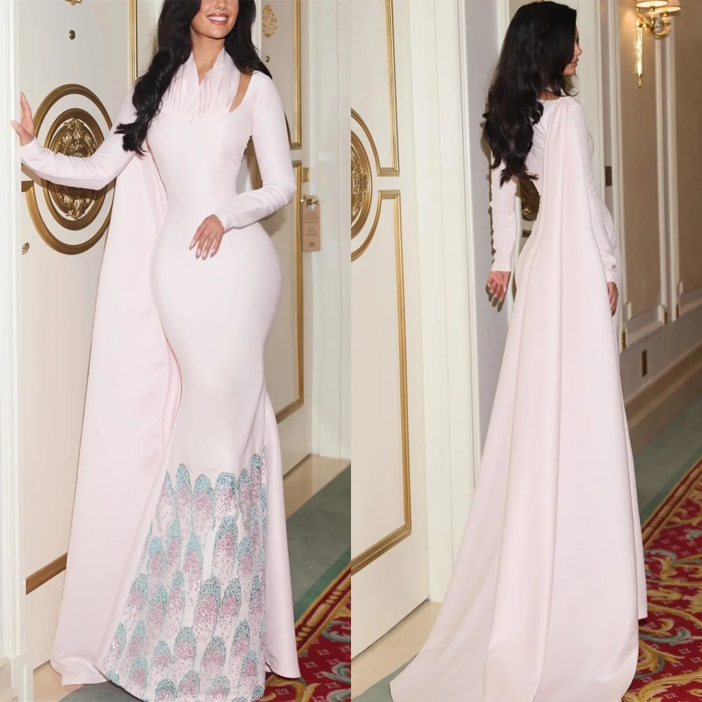 

Customized Formal Pink Jersey Evening Dresses Exquisite Halter Long Sleeves Celebrity Gowns Fashion Special Occasion Gowns