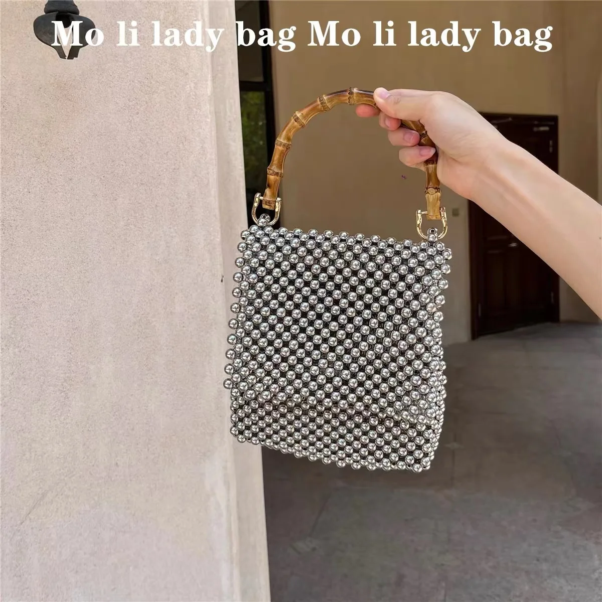 

Fashion Bamboo Handle Square Bag Beads Beading Woven Handmade Handbag Women Shoulder Bag Lady Purse Holiday Vacation Beach Bag