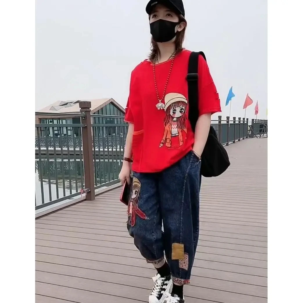 Plus Size Cartoon Letter Printed Short Sleeved T-shirt Loose Denim Two-piece Elegant Women's Pants Set Summer Outfits 2024