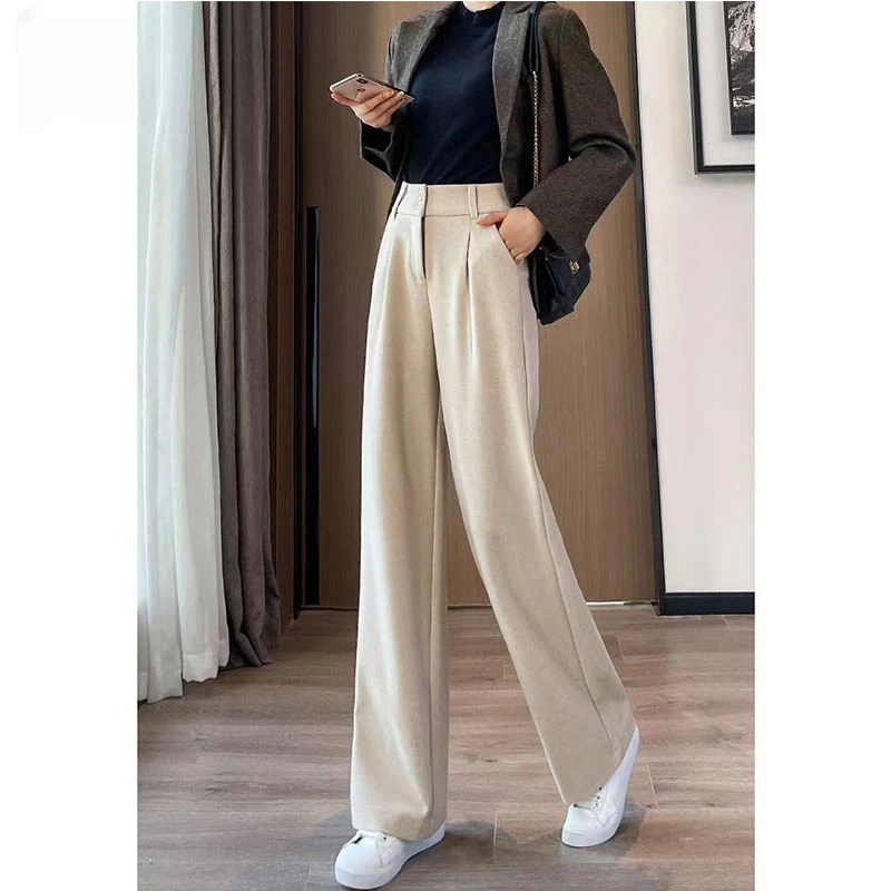 Women\'s Korean High-waisted Wide-legged Pants New Loose Straight Pants Fall Double-button Casual Suit Pants Female