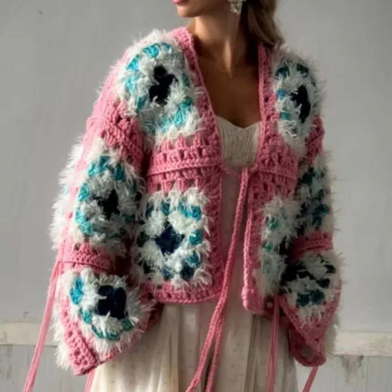 2025 Boho Women Handmade Crochet Hollow Out Plaid Cardigan Long Sleeve Front Lace Up Sweater Autumn Winter Knitted Coat