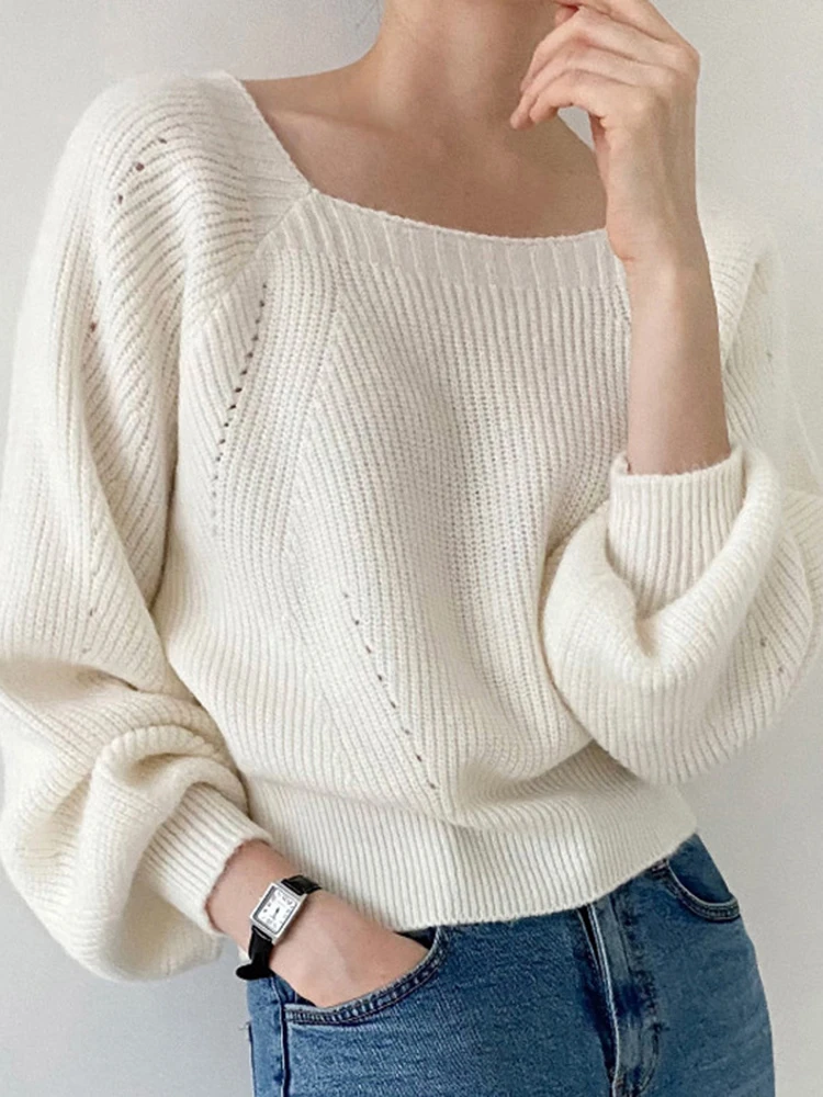 

Vintage Square Collar Women Sweater Loose Autumn Winter Long Sleeve Jumper Fashion Solid Knitted Sweaters Female Pullover Tops