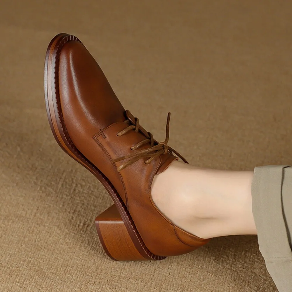 Women's Pumps Brogue Shoe Vintage Chunky Heel Pointed Toe Oxford Shoes Woman Lace Up Female Fashion Elegant Ladies Bare Boots image 2
