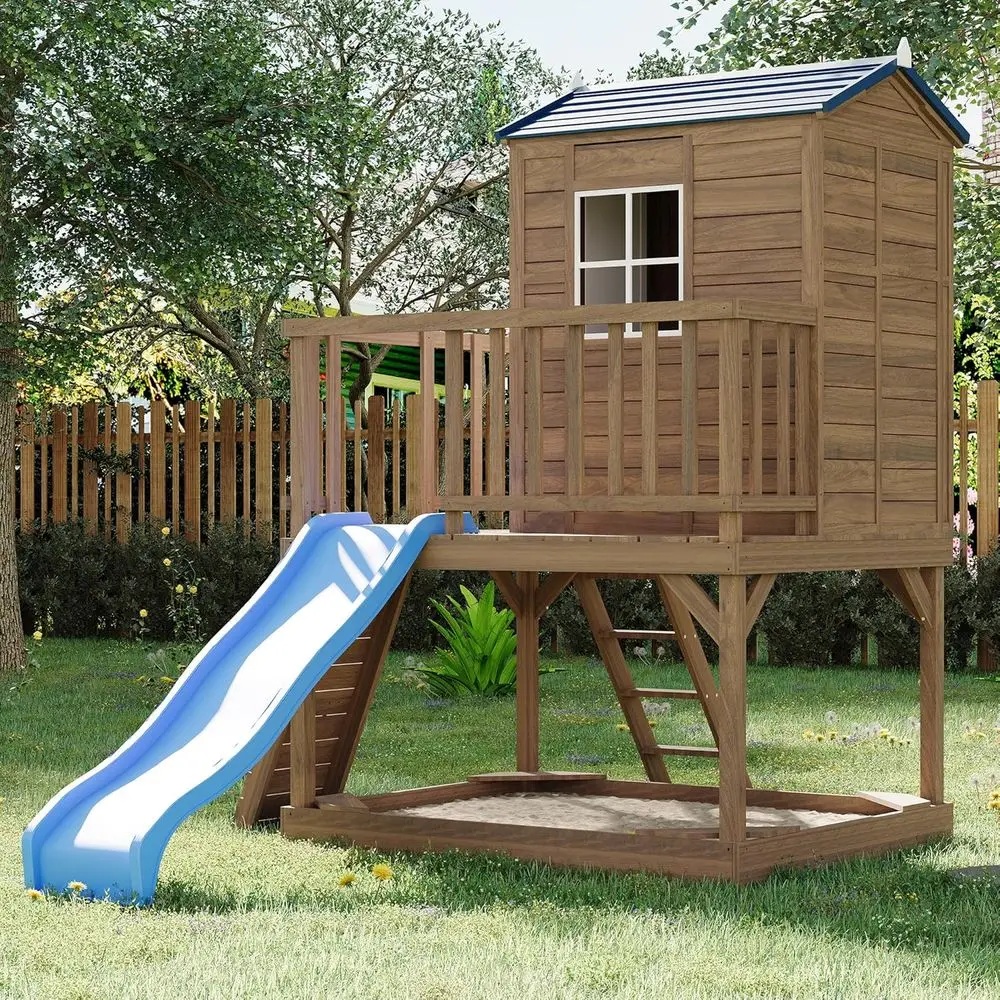 

Kids Outdoor Playhouse with Slide, 2 SWooden Playhouse with Sandbox, Elevated CeWooden Kids Playhouse with Step Ladder