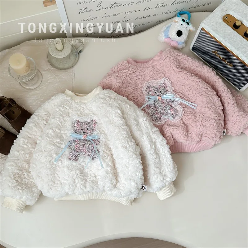 

Girls' Fleece-Lined Sweater Winter Baby Girl Cashmere Top Winter Clothes Girl Bear Thickened Furry Sweater