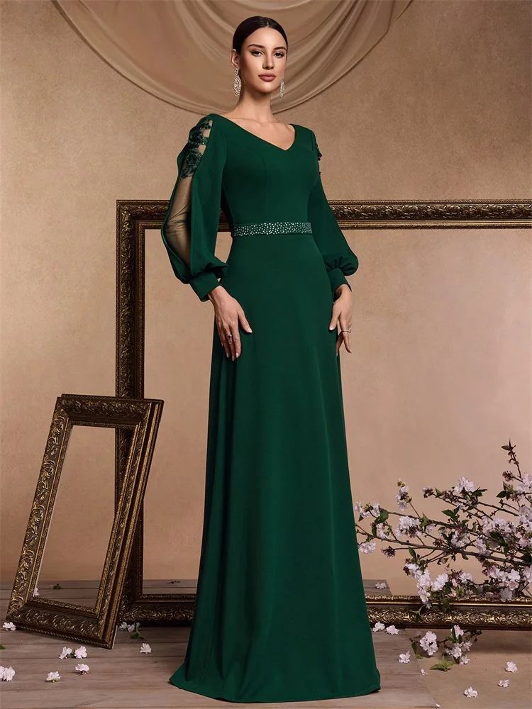 Xuibol luxo applique mangas compridas até o chão verde formal vestido de noite feminino elegante festa de casamento com decote em v cocktail baile