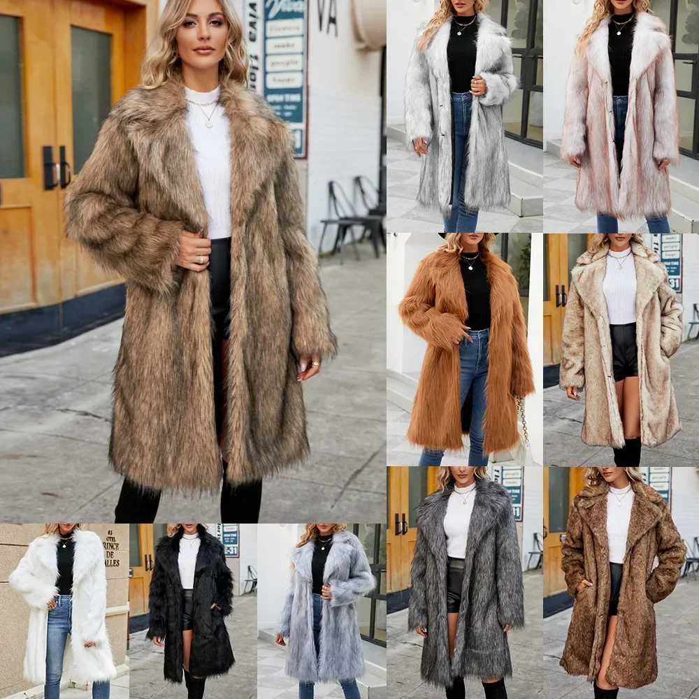 Faux Fur Coat Women Suit Collar Long Sleeve Fashion Long Faux Fur Coat for Women