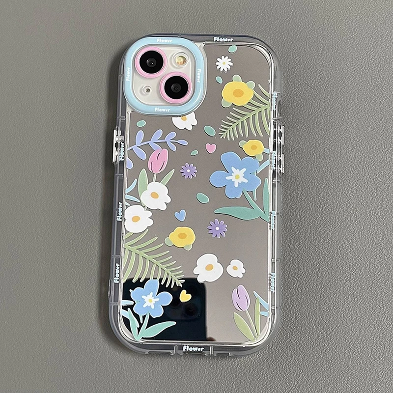 Mooie Bloemen Make-Up Spiegel Met Houder Standaard Case Voor Iphone 15 14 13 11 12 Pro Max Zachte Bumper Schokbestendige Hoes