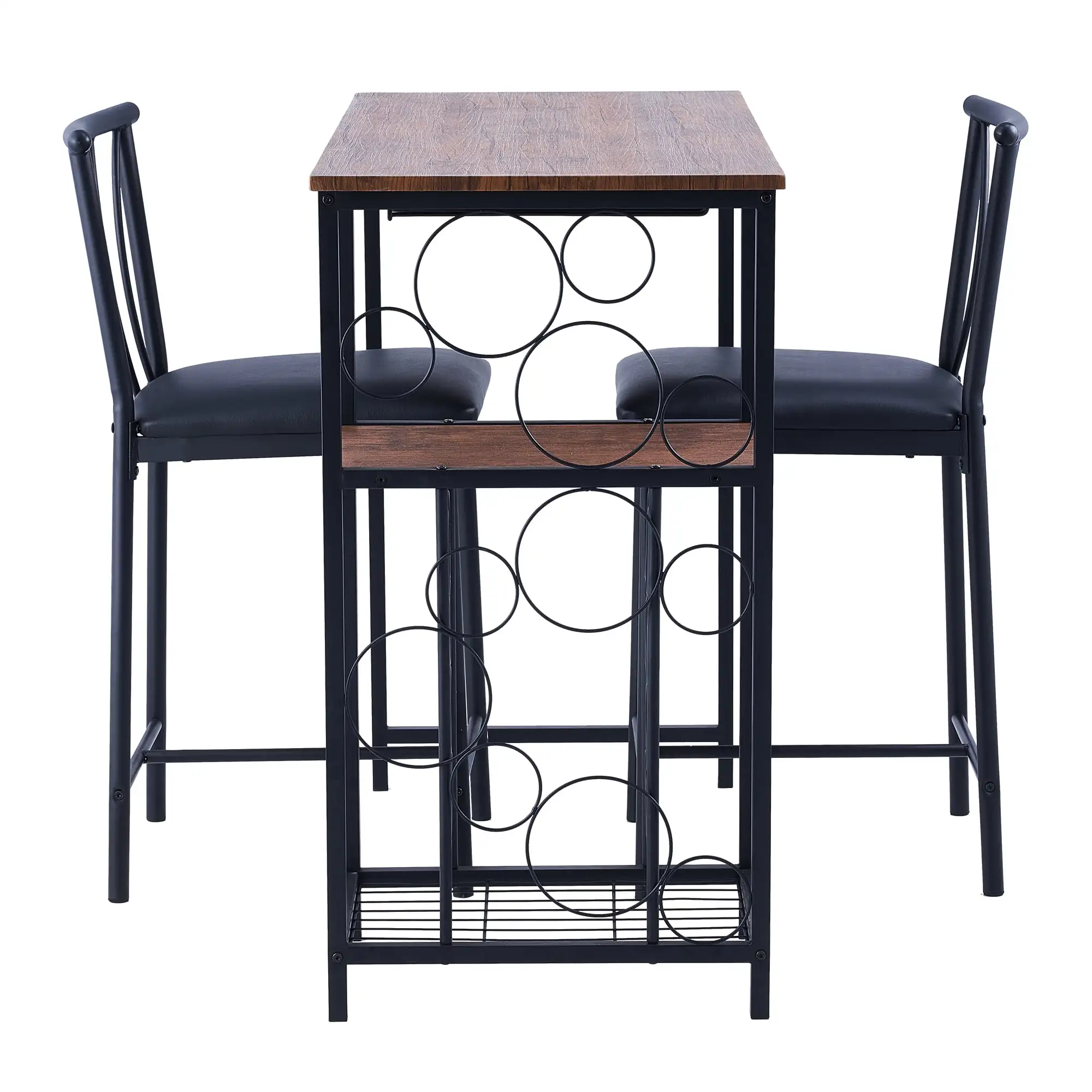 3 Pieces Bar Table Set Counter Height Bar Dining Table with Stools Set Wine Rack & Glass Holder Wood Brown
