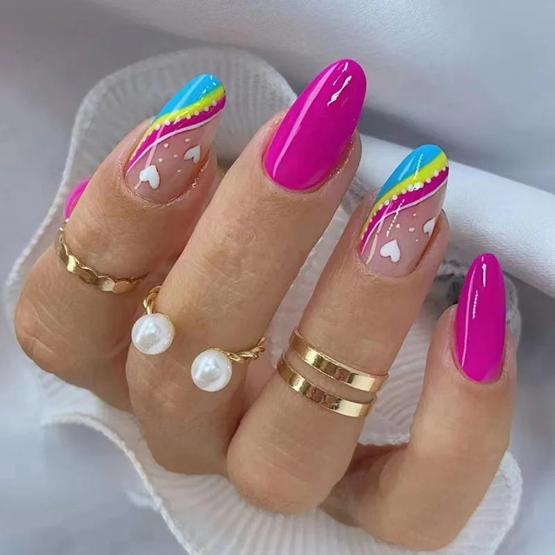 24 개/대 아몬드 착용 틀린 손톱 손톱에 프랑스어 서리로 덥은 블루 프레스 클리핑 플래티넘 리프 이동식 아크릴 틀린 손톱 아트