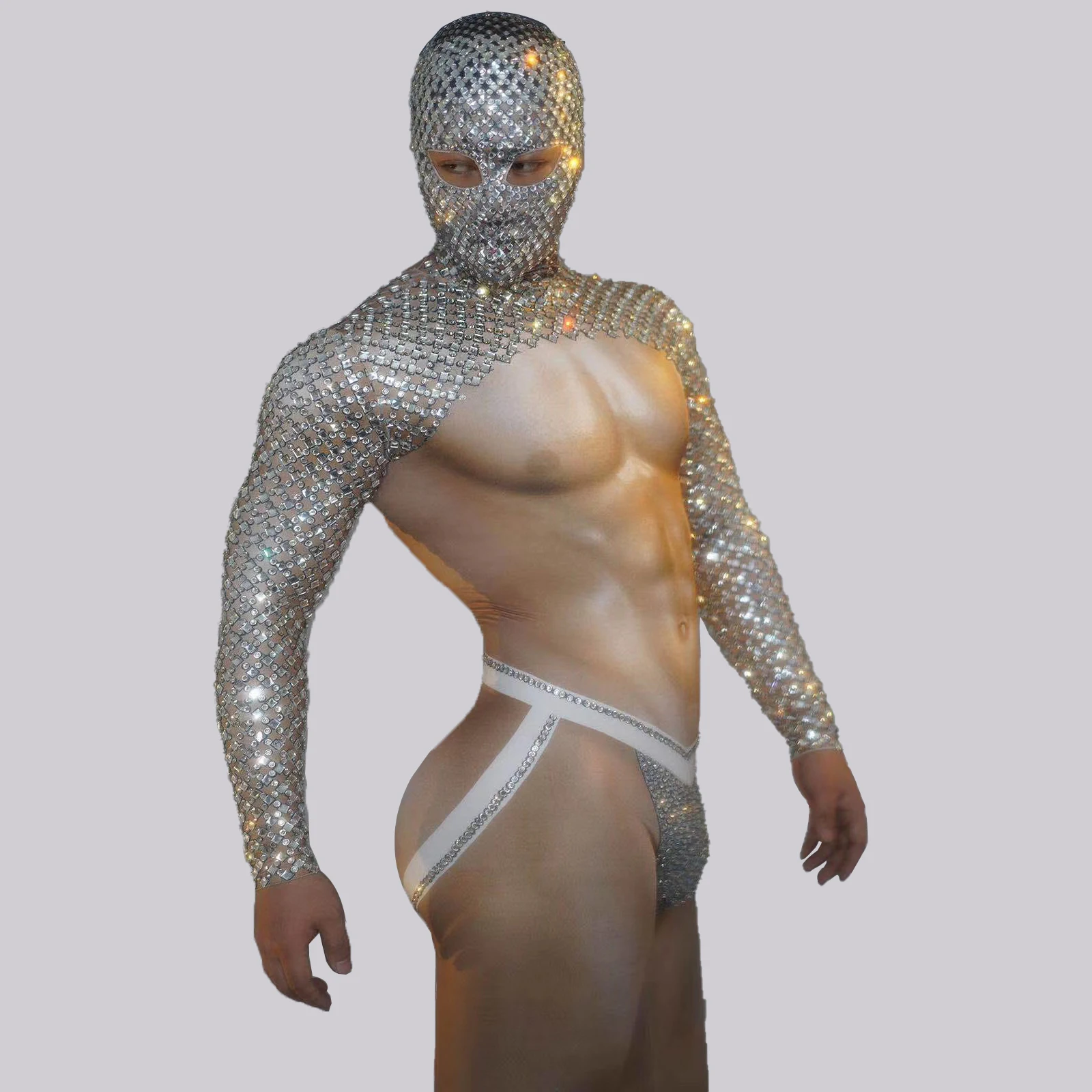 

Sexy tattoo Muscle Man headwear jumpsuit long sleeve Male guest gogo sparkle rhinestones stage bar dance performance costumes