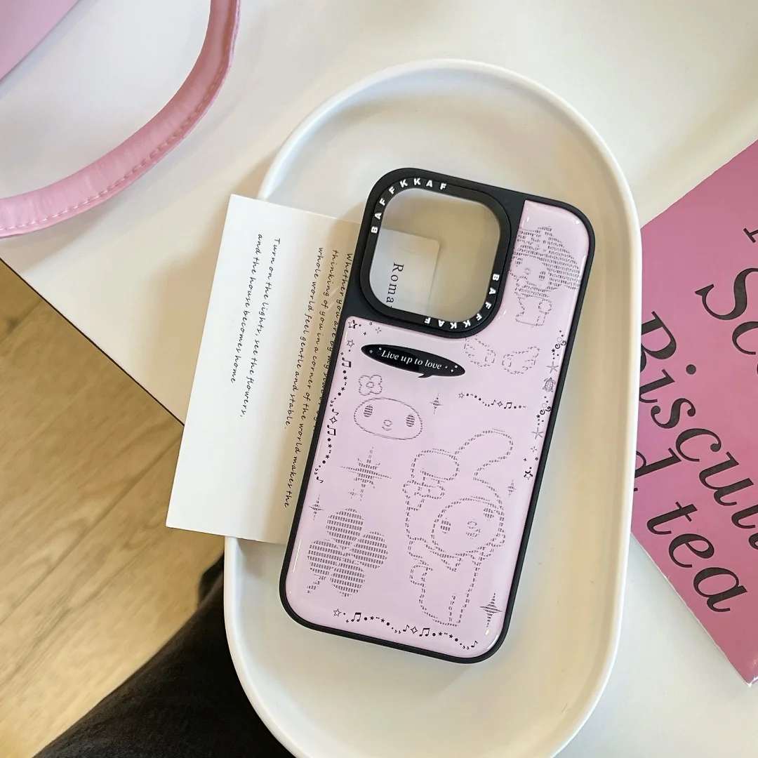Coque de téléphone de luxe rose mignonne My Melody pour iPhone 13 14 15 16 Pro Max bordure noire époxy goutte à goutte adhésif couverture arrière en Silicone ﻿ ﻿