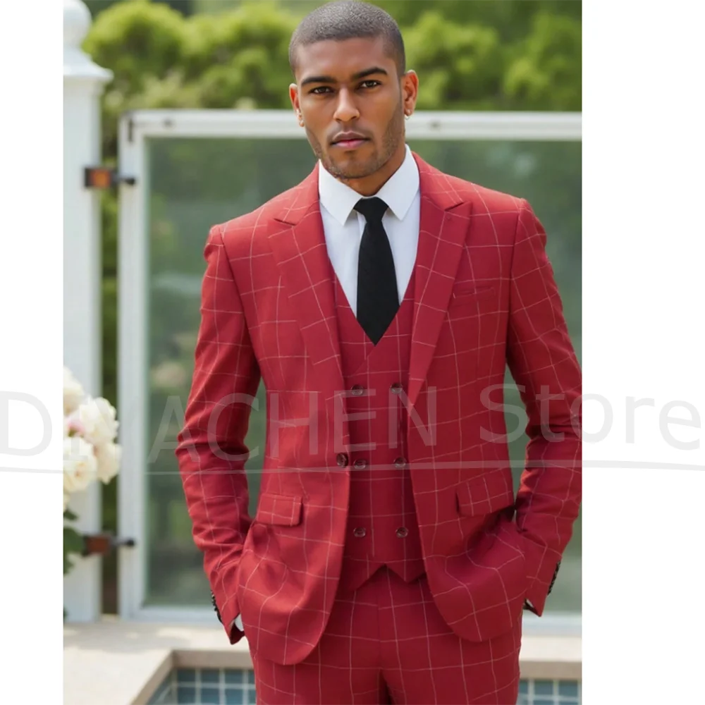 Conjunto de terno masculino com padrão de grade vermelha, chique, negócios, casual, festa de casamento, baile, slim fit, blazer, colete, calças, ternos para homens, 3 peças