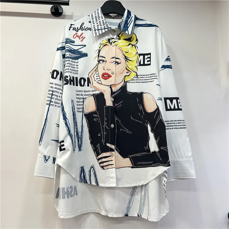 

Spring Summer Women Cartoon Girls Printed Shirts Loose Irregular Letters Print Blouses Cardogan Single Breasted Long Sleeve Tops